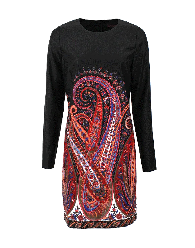 Long Sleeve Paisley Crewneck Dress Square Neckline Feminine