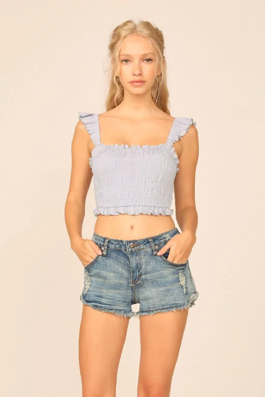 Blue Jean Washed Crepe Smocked Bodice Tank crew neck tank