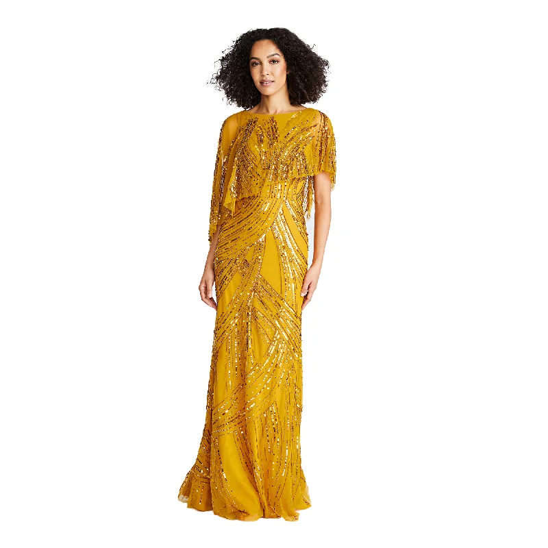 Theia Women's  Gown Gold Bronze Long Dress Crew Neckline Sporty