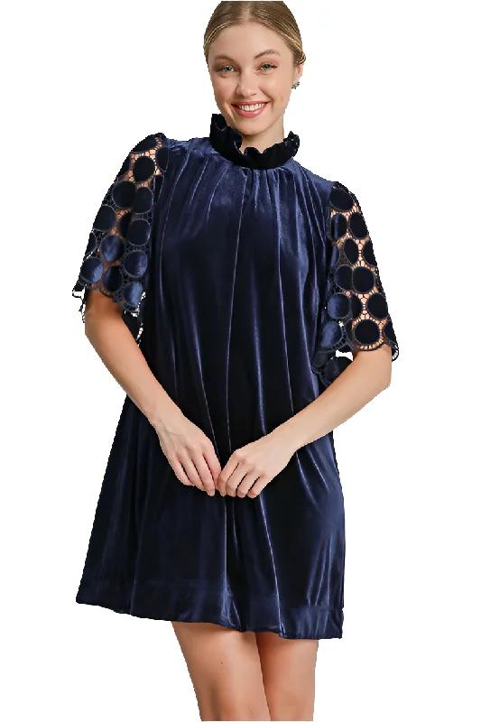 Umgee Velvet Polka-dot Lace Trapeze Ruffle Mock Neck Bow Mini Shift Dress Tunics Fashionable trendy