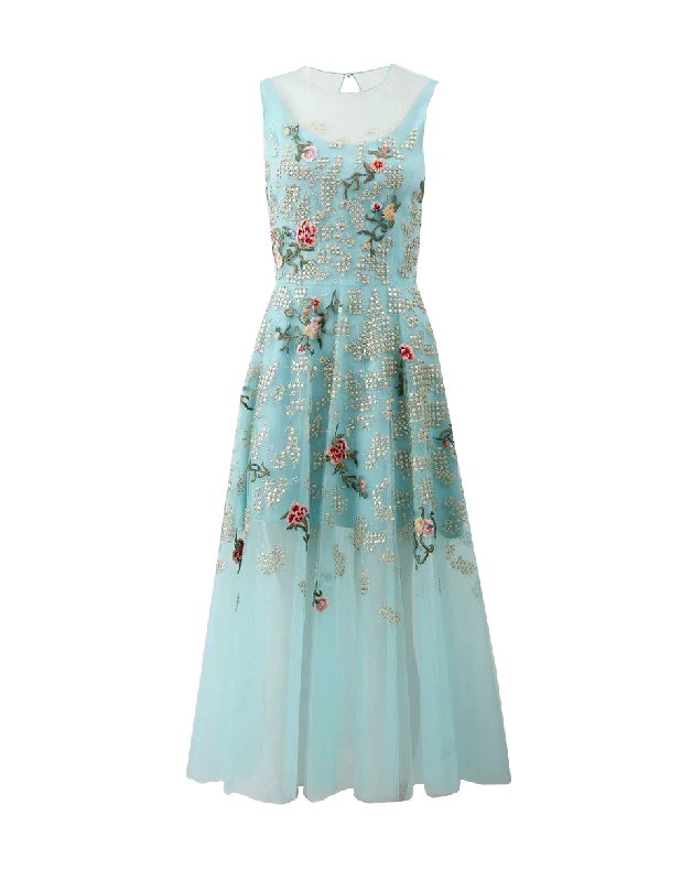 Embroidered Tea Length Dress Floral Print girly