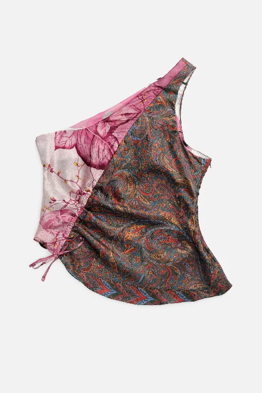 Rework Silk Scarf Ruche Tank- L cherry red tank