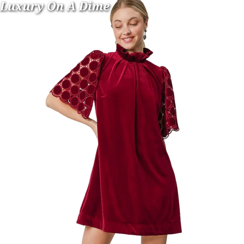 Umgee Velvet Polka-dot Lace Trapeze Ruffle Mock Neck Bow Mini Shift Dress Tunics Versatile functional