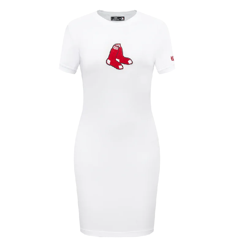 MLB BOSTON RED SOX CLASSIC WOMEN'S BODY CON DRESS (WHITE) Off-the-shoulder Chic Trendy MLB BOSTON RED SOX CLASSIC WOMEN'S BODY CON DRESS (WHITE) Off-the-shoulder Chic Trendy