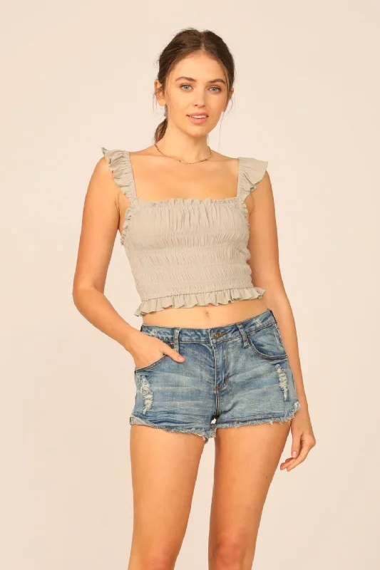 Soft Olive Washed Crepe Smocked Bodice Tank off shoulder tank