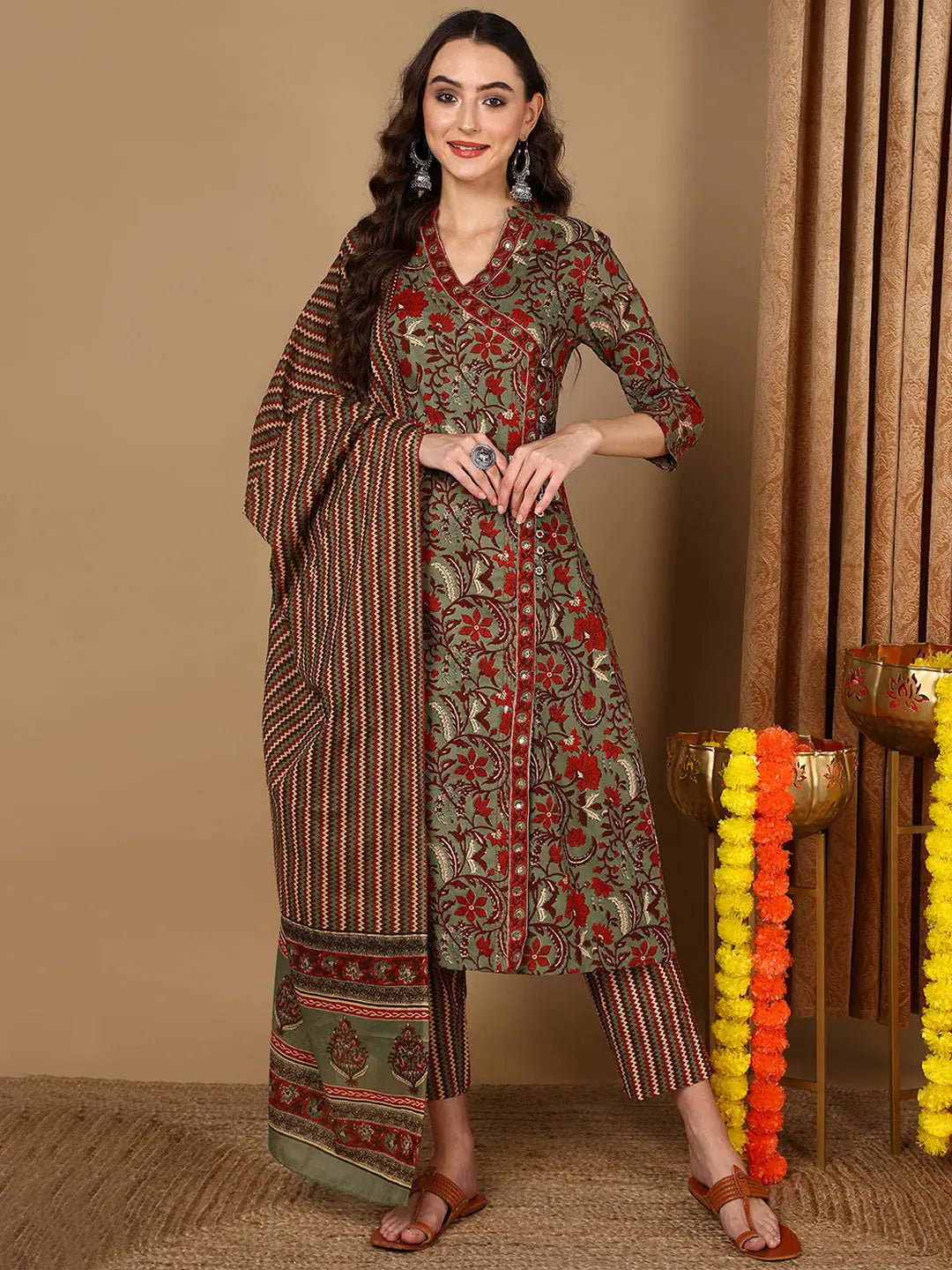 Ahika Women Green Cotton Floral Printed Anarkali Kurta Trouser With Dupatta Trousers chic fashionable Ahika Women Green Cotton Floral Printed Anarkali Kurta Trouser With Dupatta Trousers chic fashionable