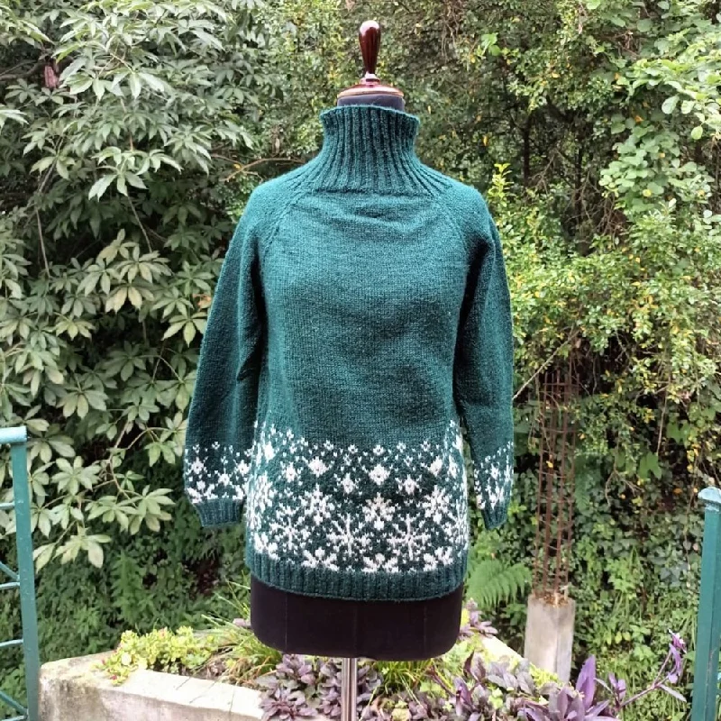 Women Woollen Sweater | Floral Motif | High Neck | Hand Knitted | Rama Green Fitted Slim Tailored