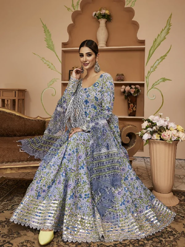 Divena Handblock Floral Printed Blue Anarkali Cotton Kurta With Trousers & Dupatta Trousers Corduroy Warm