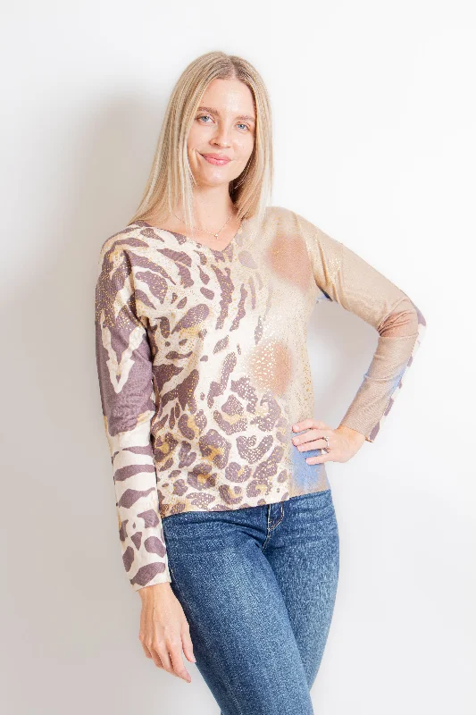 Camel Gold Animal Print Sweater Stretchy Elastic Breathable