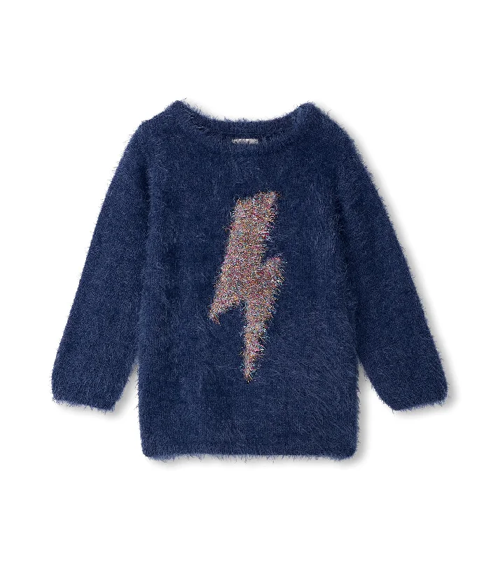 Metallic Lightning Furry Graphic Sweater Zippered Buttoned Snapped