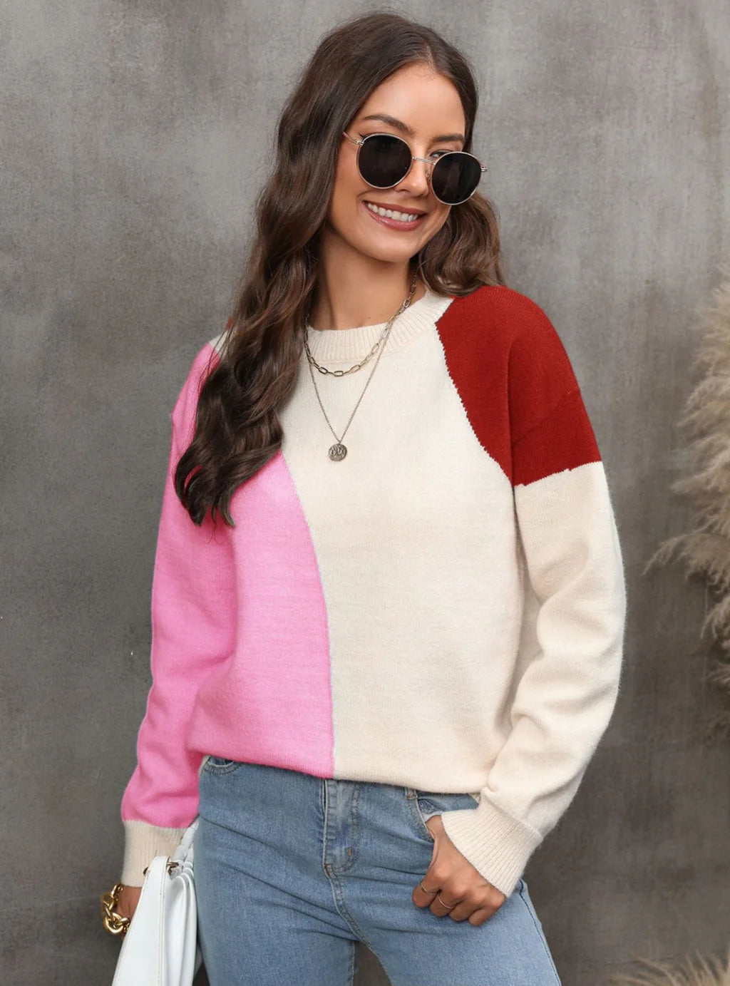 Pullover Splicing Color Matching Sweater Jewel Neck Pullover