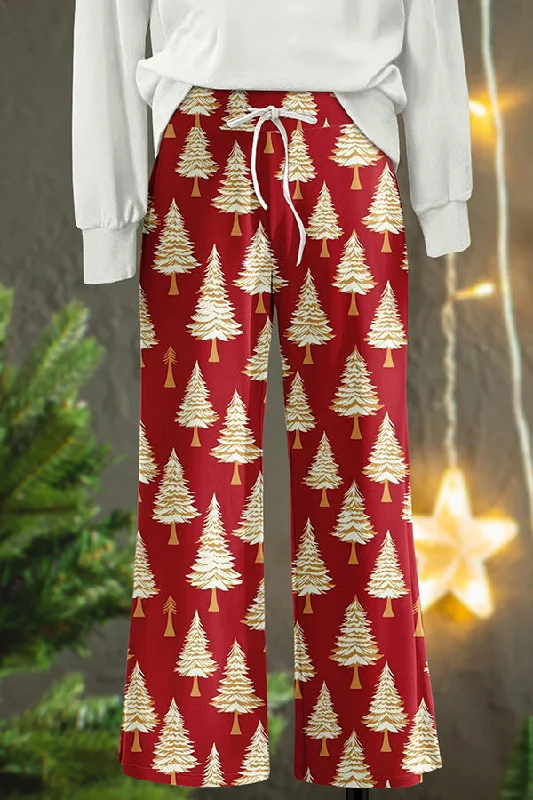 Vintage Christmas Tree Print Wide Leg Trousers Trousers Denim Blue