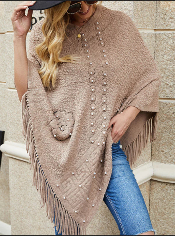 KNITTED BEADED TASSEL SHAWL CLOAK Stylish Wool Shawl Wrap