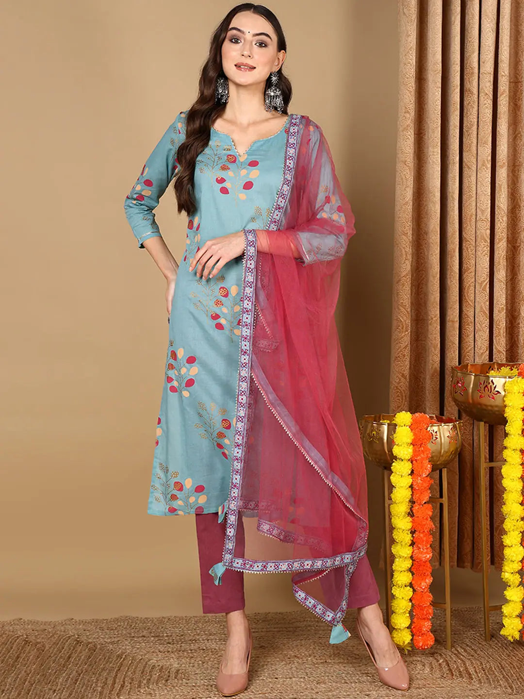 Ahika Women Blue Pure Cotton Ethnic Motifs Printed Straight Kurta Trouser With Dupatta-VKSKD1992A_XS Trousers fashionable trendy Ahika Women Blue Pure Cotton Ethnic Motifs Printed Straight Kurta Trouser With Dupatta-VKSKD1992A_XS Trousers fashionable trendy