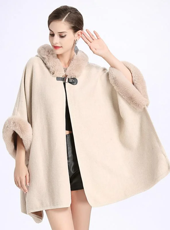 REX RABBIT FUR LIKE HOODED DOUBLE-SIDED SHAWL CAPE Warm Woolen Shawl Wrap