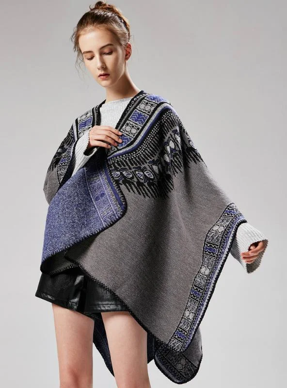 ABSTRACT PATTERN THICKENED SPLIT DUAL-PURPOSE SHAWL Elegant Knit Shawl Cape