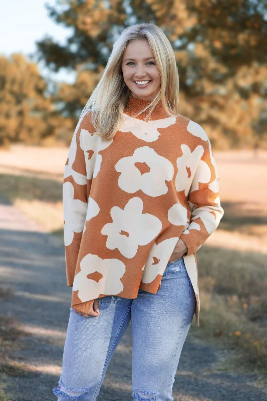 Fall Florals Sweater - Camel Ribbed Striped Patterned