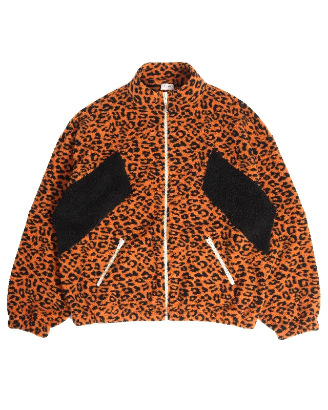 Leopard Print Polar Fleece Jacket Welt Pockets Slit Pockets Flap Pockets