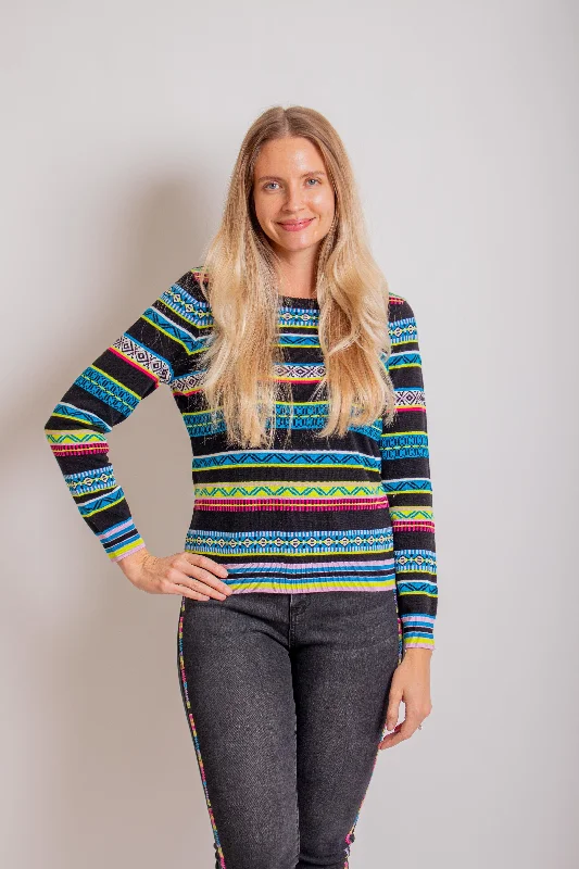 Multicolor Pattern Stripe Sweater Collared Crew Neck Turtle Neck