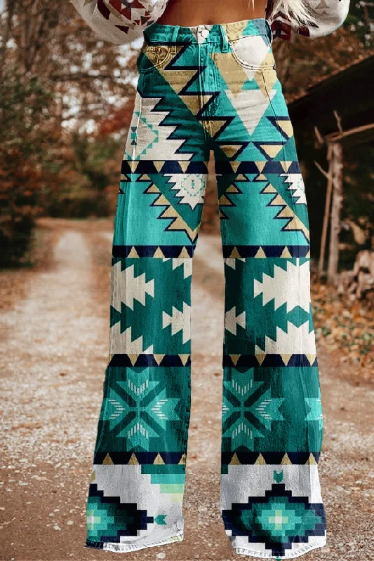 Retro Western Aztec Print Wide Leg Trousers Trousers Summer Linen