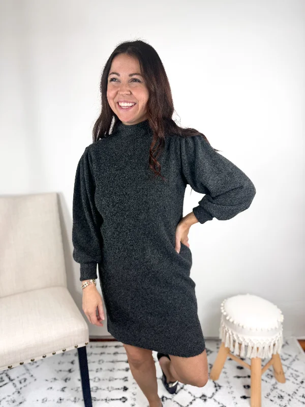 Stacy Solid Charcoal Sweater Dress Velvet Chenille Corduroy