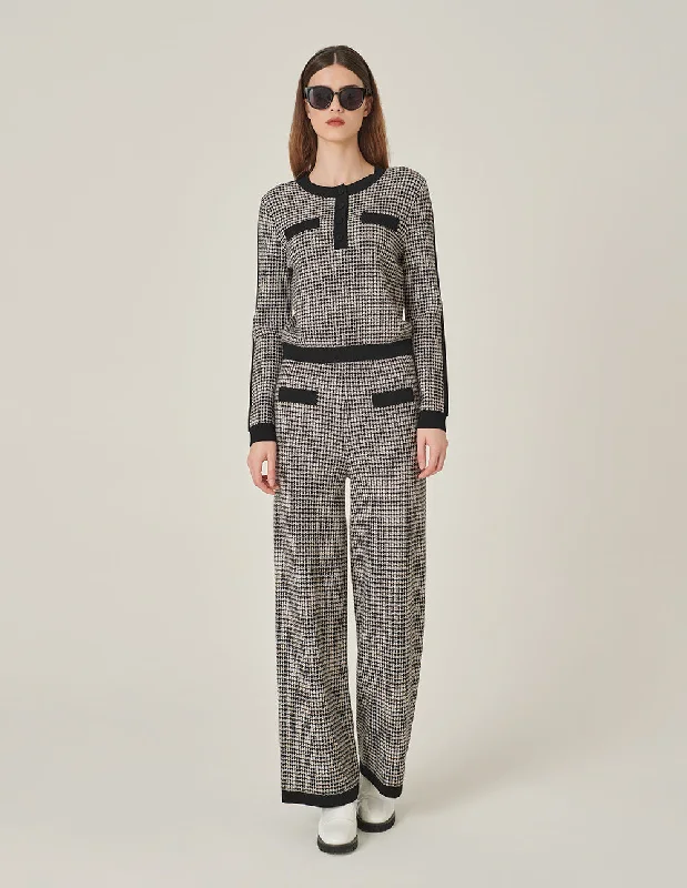MARYLING Round-Neck Long Sleeve Black & White Houndstooth Knitted Pullover Tapered Sleeve Pullover MARYLING Round-Neck Long Sleeve Black & White Houndstooth Knitted Pullover Tapered Sleeve Pullover