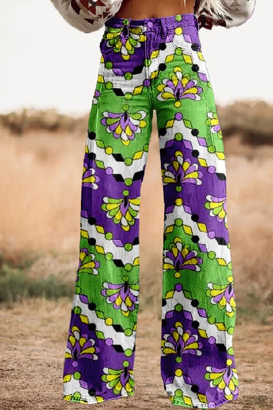 Vintage Mardi Gras Print Wide Leg Trousers Trousers Ceremony Elegant