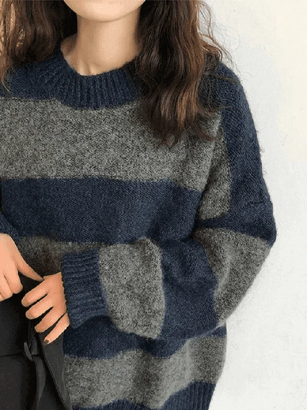 Oversized Stripe Pullover Sweater Blouson Sleeve Pullover