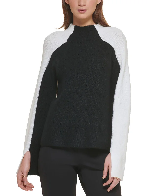 Womens Colorblock Mock Neck Pullover Sweater Ruffled Neck Pullover