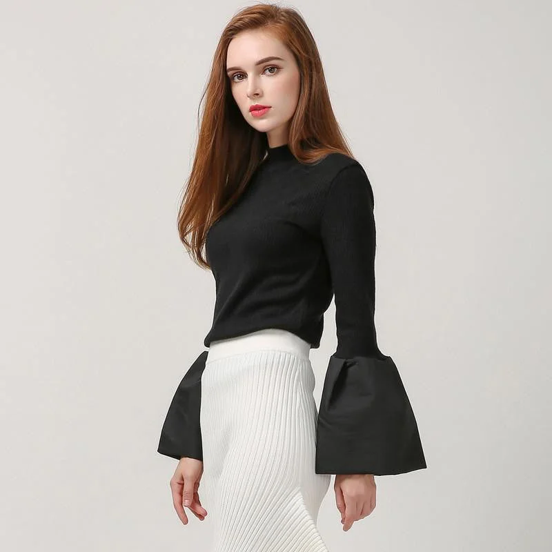 women hoodies sweatshirts splicing flare sleeves high collar pullover thin knitwear streetwear Button Front Sweater women hoodies sweatshirts splicing flare sleeves high collar pullover thin knitwear streetwear Button Front Sweater