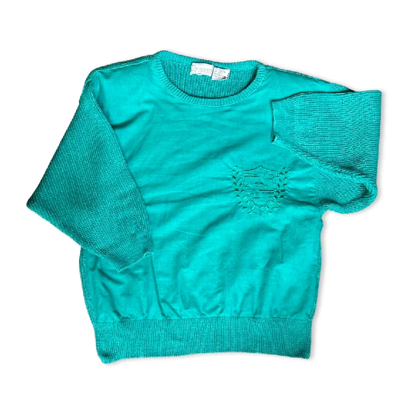 Vintage 80s Teal Sweater Welt Pockets Slit Pockets Flap Pockets