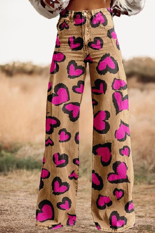 Vintage Heart Print Wide Leg Trousers Trousers Modern Contemporary