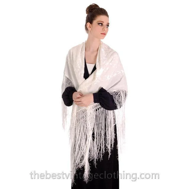 Vintage 1930s Pure White on White Silk Embroidered Shawl Long Fringe Wedding Cozy Woolen Shawl Scarf