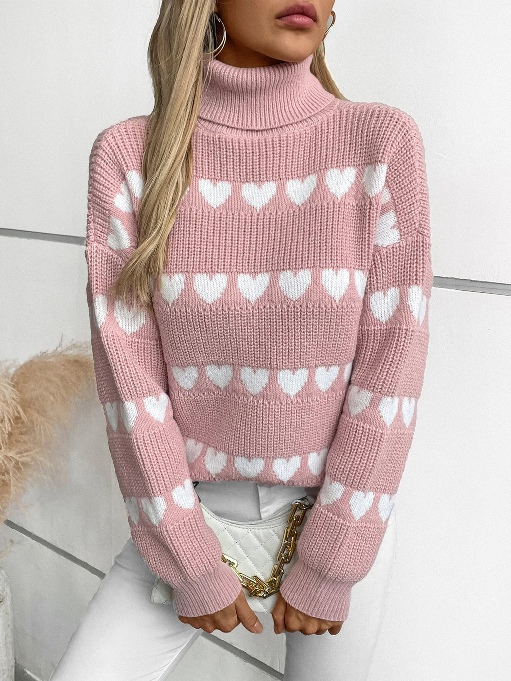 Lapel Love Heart Pullover Long Sleeve Sweater Wide Sleeve Pullover