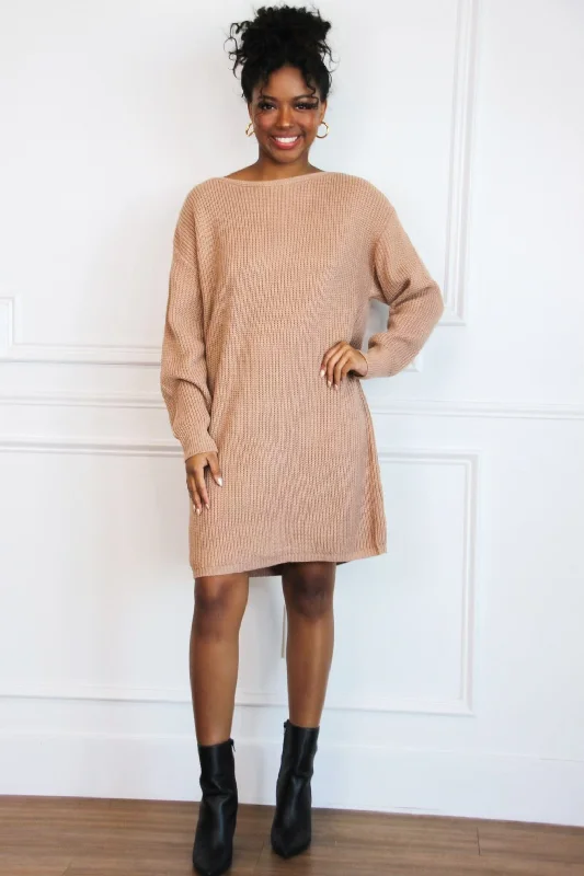 Together Again Oversized Sweater Dress: Mocha Turtle Neck Boat Neck Asymmetrical Neck