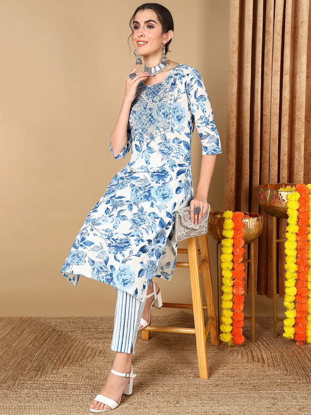 Ahika Women Blue Cotton Blend Floral Printed Mirror Work Straight Kurta With Trousers Trousers Timeless Classic Ahika Women Blue Cotton Blend Floral Printed Mirror Work Straight Kurta With Trousers Trousers Timeless Classic