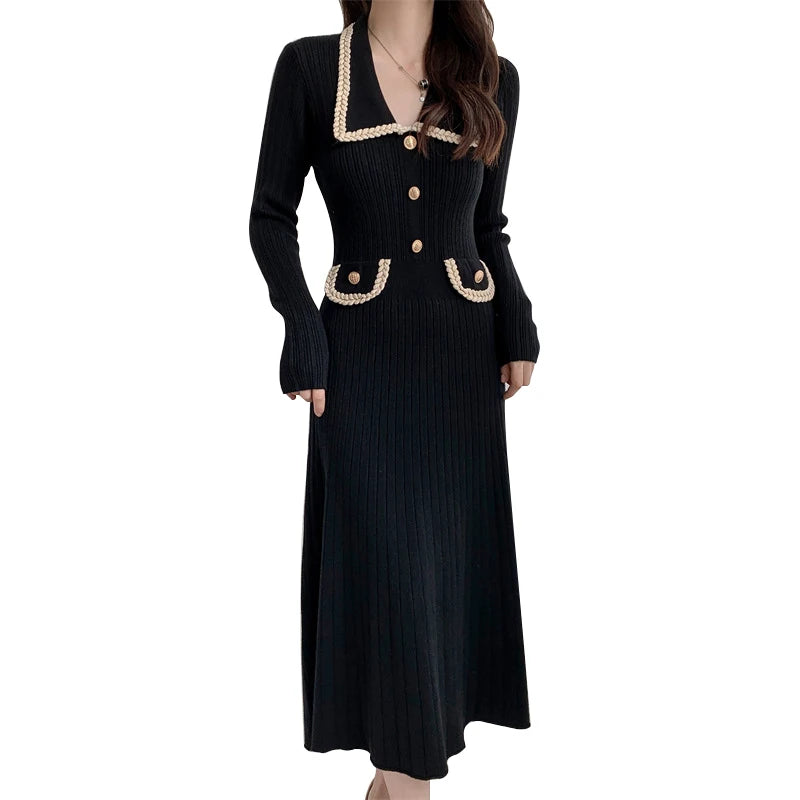 2024 Spring new arrival lady luxurious long sleeve sweater dress button enelvated high waist sweater dress Jersey Fabric Tulle Fabric Batik Fabric