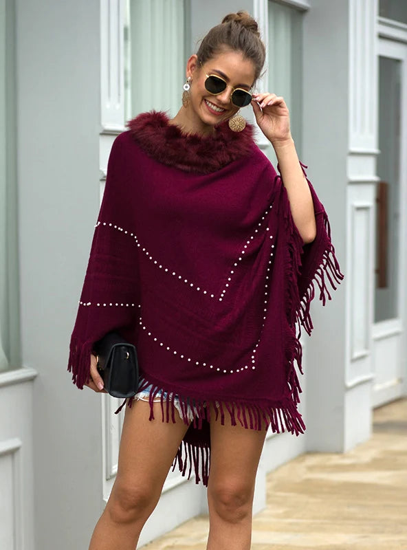 FRINGE COLLAR BEADED SHAWL CLOAK Cozy Fleece Shawl Scarf