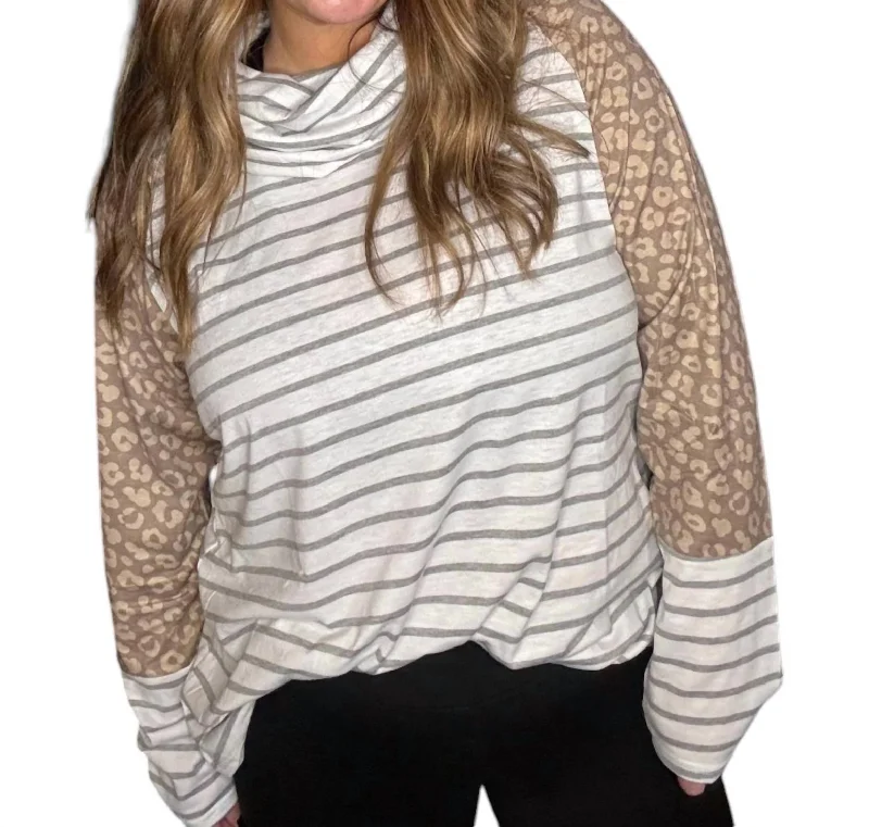 Turtle Neck Pullover In Ivory/leopard Gathered Sleeve Pullover