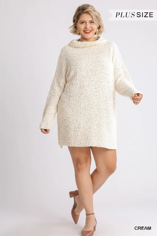 High Cowl Neck Bouclé Long Sleeve Sweater Dress in Cream Fleece Sweater Nylon Polyester