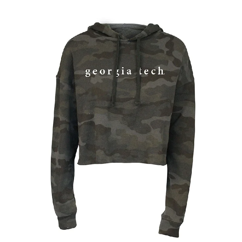 Ladies Georgia Tech Yellow Jackets Hooded Crop Camo Sweatshirt Hoodie with Front Slit Layering Stylish Ladies Georgia Tech Yellow Jackets Hooded Crop Camo Sweatshirt Hoodie with Front Slit Layering Stylish