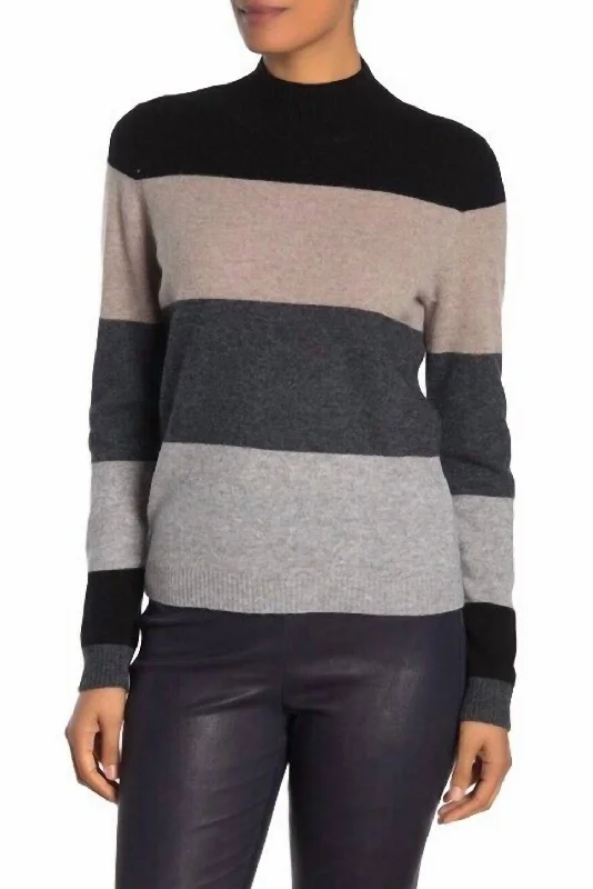 Cashmere Pullover Mock Neck Wide Stripes Sweater In Multicolor Blouson Sleeve Pullover Cashmere Pullover Mock Neck Wide Stripes Sweater In Multicolor Blouson Sleeve Pullover
