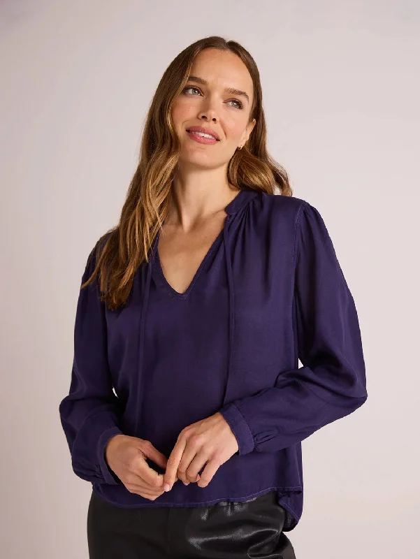 Flowy Tie Neck Pullover - Dark Sapphire Thin Wool Pullover