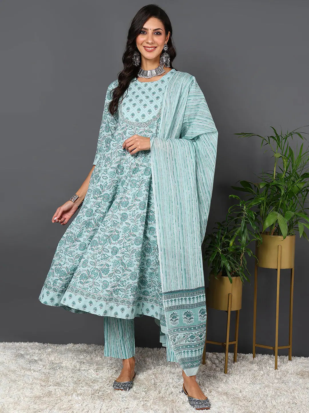 Ahika Women Sea Green Pure Cotton Floral Printed Kurta Trouser With Dupatta-VKSKD2018_S Trousers Cargo Utility Ahika Women Sea Green Pure Cotton Floral Printed Kurta Trouser With Dupatta-VKSKD2018_S Trousers Cargo Utility