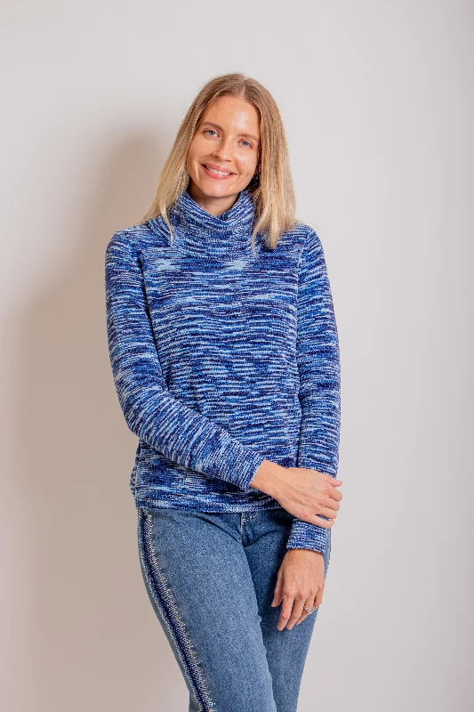 Blue Combo Mock Neck Sweater Lace Blend Ribbed Blend Corduroy Blend