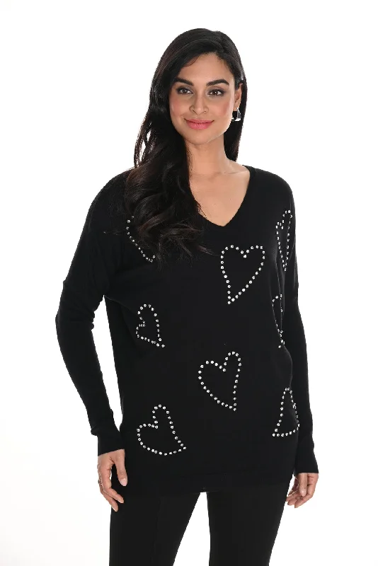 Black/ Silver Heart Sweater Mesh Blend Leather Blend Suede Blend