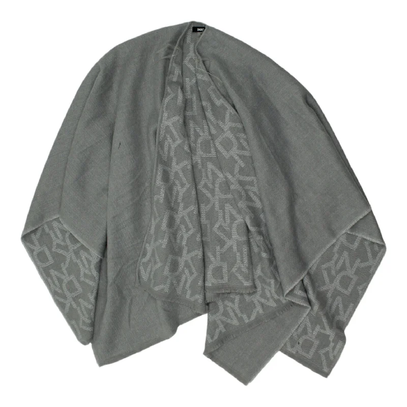 DKNY Womens Grey Logo Cape Shawl | Vintage Luxury High End Designer VTG Fashionable Embroidered Shawl