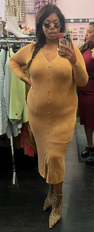 Jeannie Mai x INC Tan Ribbed V-Neck Sweater Dress with Gold Faux Buttons, Size XL Layered Multi-layer Single Layer