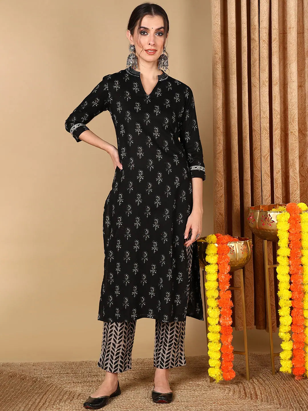 Ahika Women Black Cotton Blend Ethnic Motifs Printed Straight Kurta With Trousers Trousers sophisticated sleek Ahika Women Black Cotton Blend Ethnic Motifs Printed Straight Kurta With Trousers Trousers sophisticated sleek