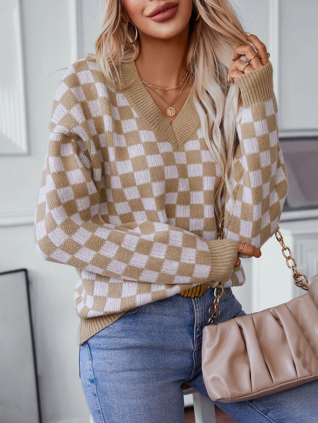 V-neck Pullover Plaid Loose Long Sleeve Sweater Turtleneck Warm Pullover